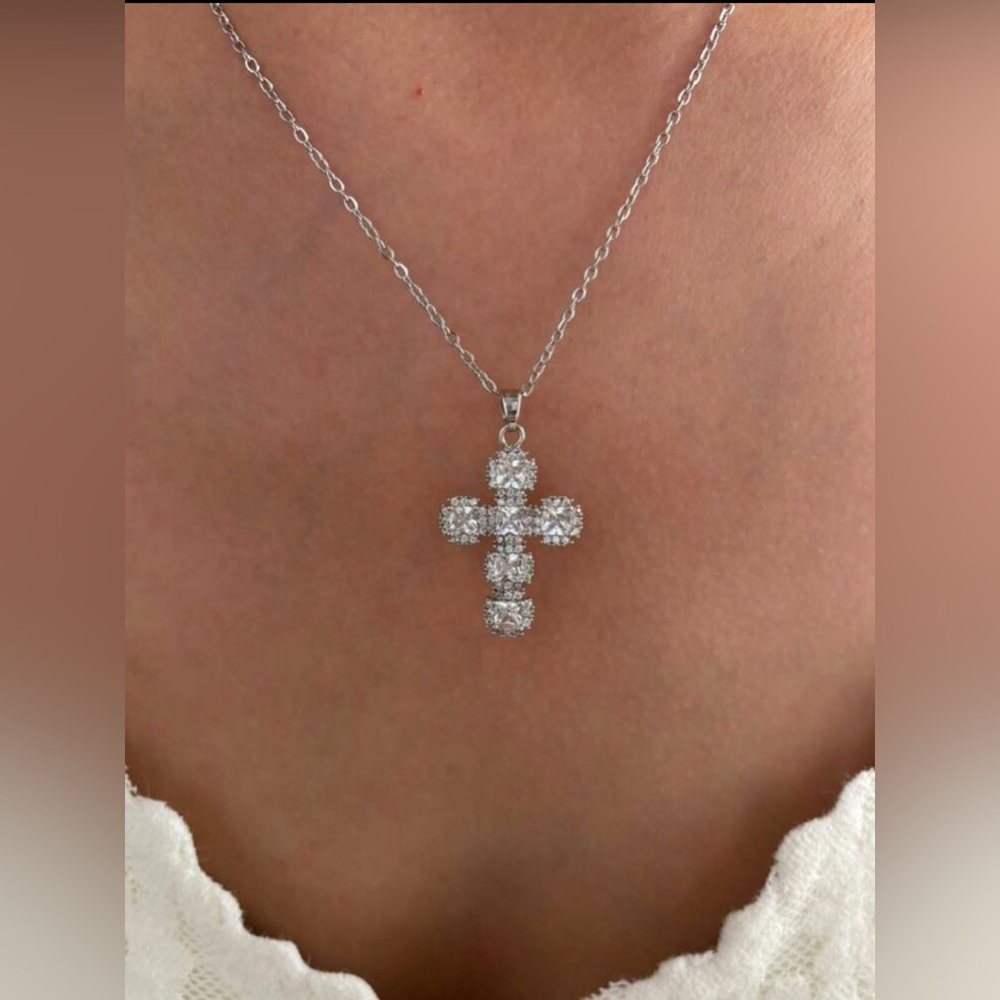 Silver Plated Stainless Steel CZ Cross Pendant Necklace